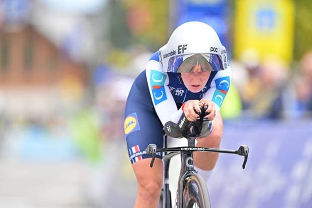 France s Cedrine Kerbaol crosses the finish line of the Women Elite Individual Time Trial race (22km) at the cycling UEC Road European Championships, in Ljubljana, Slovenia, on Wednesday 7 October 2026. The UEC Road European Championships are taking place from 02 to 07 October in Ljubljana, Slovenia. DAVIDxPINTENS  x189055022x