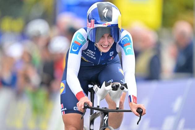 France s Juliette Berthet crosses the finish line of the Women Elite Individual Time Trial race (22km) at the cycling UEC Road European Championships, in Ljubljana, Slovenia, on Wednesday 7 October 2026. The UEC Road European Championships are taking place from 02 to 07 October in Ljubljana, Slovenia. DAVIDxPINTENS  x189055065x