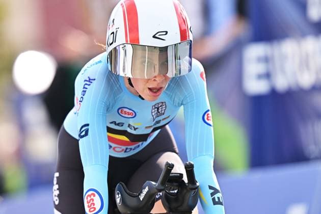 Belgium s Sandrine Tas crosses the finish line of the Women Elite Individual Time Trial race (22km) at the cycling UEC Road European Championships, in Ljubljana, Slovenia, on Wednesday 7 October 2026. The UEC Road European Championships are taking place from 02 to 07 October in Ljubljana, Slovenia. DAVIDxPINTENS  x189055262x