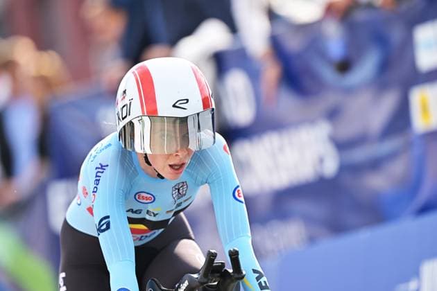 Belgium s Sandrine Tas crosses the finish line of the Women Elite Individual Time Trial race (22km) at the cycling UEC Road European Championships, in Ljubljana, Slovenia, on Wednesday 7 October 2026. The UEC Road European Championships are taking place from 02 to 07 October in Ljubljana, Slovenia. DAVIDxPINTENS  x189055301x