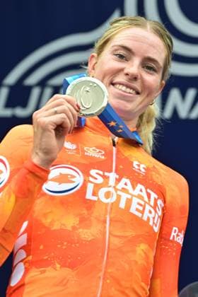 Netherlands Demi Vollering , winner of the silver medal celebrates on the podium of the Women Elite Individual Time Trial race (22km) at the cycling UEC Road European Championships, in Ljubljana, Slovenia, on Wednesday 7 October 2026. The UEC Road European Championships are taking place from 02 to 07 October in Ljubljana, Slovenia. DAVIDxPINTENS  x189055565x
