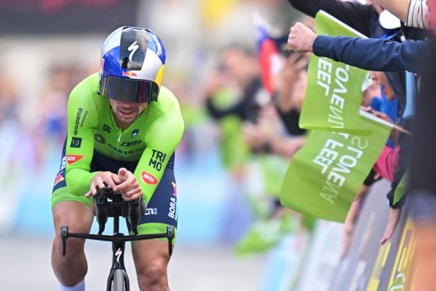 Slovenia s Primoz Roglic crosses the finish line to win the Men Elite Individual Time Trial race (22km) at the cycling UEC Road European Championships, in Ljubljana, Slovenia, on Wednesday 7 October 2026. The UEC Road European Championships are taking place from 02 to 07 October in Ljubljana, Slovenia. DAVIDxPINTENS  x189066415x