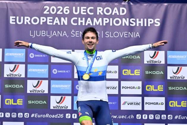 UEC 2026 Road European Championships Ljubljana 07 10 2026 SENCUR, SLOVENIA - OCTOBER 07 : gold medal Roglic Primoz (SLO) pictured during the podium ceremony of the Men Elite Individual Time Trial at the 2026 UEC Road European Championships. An UCI Continental Championships time trial cycling race with start and finish in Sencur on October 7, 2026 in Sencur, Slovenia, 07 10 2026 Sencur Slovenia  Copyright: xJanxDexMeuleneirx