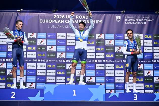 UEC 2026 Road European Championships Ljubljana 07 10 2026 SENCUR, SLOVENIA - OCTOBER 07 : silver medal Armirail Bruno (FRA), gold medal Roglic Primoz (SLO) and bronze medal Decomble Maxime (FRA) pictured during the podium ceremony of the Men Elite Individual Time Trial at the 2026 UEC Road European Championships. An UCI Continental Championships time trial cycling race with start and finish in Sencur on October 7, 2026 in Sencur, Slovenia, 07 10 2026 Sencur Slovenia  Copyright: xJanxDexMeuleneirx