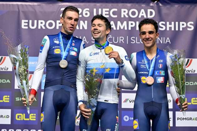 UEC 2026 Road European Championships Ljubljana 07 10 2026 SENCUR, SLOVENIA - OCTOBER 07 : silver medal Armirail Bruno (FRA), gold medal Roglic Primoz (SLO) and bronze medal Decomble Maxime (FRA) pictured during the podium ceremony of the Men Elite Individual Time Trial at the 2026 UEC Road European Championships. An UCI Continental Championships time trial cycling race with start and finish in Sencur on October 7, 2026 in Sencur, Slovenia, 07 10 2026 Sencur Slovenia  Copyright: xJanxDexMeuleneirx
