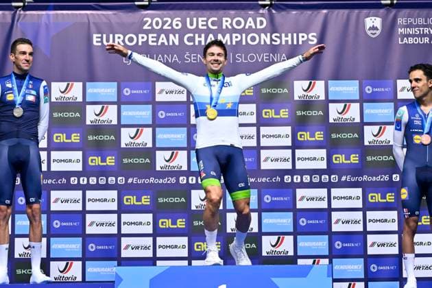 UEC 2026 Road European Championships Ljubljana 07 10 2026 SENCUR, SLOVENIA - OCTOBER 07 : silver medal Armirail Bruno (FRA), gold medal Roglic Primoz (SLO) and bronze medal Decomble Maxime (FRA) pictured during the podium ceremony of the Men Elite Individual Time Trial at the 2026 UEC Road European Championships. An UCI Continental Championships time trial cycling race with start and finish in Sencur on October 7, 2026 in Sencur, Slovenia, 07 10 2026 Sencur Slovenia  Copyright: xJanxDexMeuleneirx