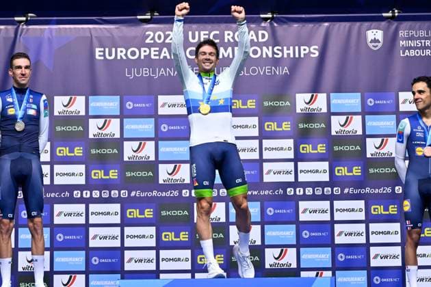UEC 2026 Road European Championships Ljubljana 07 10 2026 SENCUR, SLOVENIA - OCTOBER 07 : silver medal Armirail Bruno (FRA), gold medal Roglic Primoz (SLO) and bronze medal Decomble Maxime (FRA) pictured during the podium ceremony of the Men Elite Individual Time Trial at the 2026 UEC Road European Championships. An UCI Continental Championships time trial cycling race with start and finish in Sencur on October 7, 2026 in Sencur, Slovenia, 07 10 2026 Sencur Slovenia  Copyright: xJanxDexMeuleneirx
