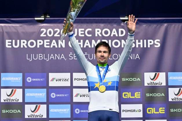 UEC 2026 Road European Championships Ljubljana 07 10 2026 SENCUR, SLOVENIA - OCTOBER 07 : gold medal Roglic Primoz (SLO) pictured during the podium ceremony of the Men Elite Individual Time Trial at the 2026 UEC Road European Championships. An UCI Continental Championships time trial cycling race with start and finish in Sencur on October 7, 2026 in Sencur, Slovenia, 07 10 2026 Sencur Slovenia  Copyright: xJanxDexMeuleneirx
