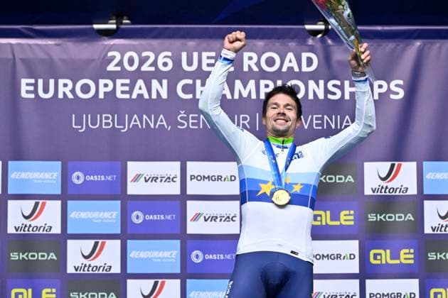 UEC 2026 Road European Championships Ljubljana 07 10 2026 SENCUR, SLOVENIA - OCTOBER 07 : gold medal Roglic Primoz (SLO) pictured during the podium ceremony of the Men Elite Individual Time Trial at the 2026 UEC Road European Championships. An UCI Continental Championships time trial cycling race with start and finish in Sencur on October 7, 2026 in Sencur, Slovenia, 07 10 2026 Sencur Slovenia  Copyright: xJanxDexMeuleneirx