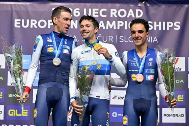 UEC 2026 Road European Championships Ljubljana 07 10 2026 SENCUR, SLOVENIA - OCTOBER 07 : silver medal Armirail Bruno (FRA), gold medal Roglic Primoz (SLO) and bronze medal Decomble Maxime (FRA) pictured during the podium ceremony of the Men Elite Individual Time Trial at the 2026 UEC Road European Championships. An UCI Continental Championships time trial cycling race with start and finish in Sencur on October 7, 2026 in Sencur, Slovenia, 07 10 2026 Sencur Slovenia  Copyright: xJanxDexMeuleneirx