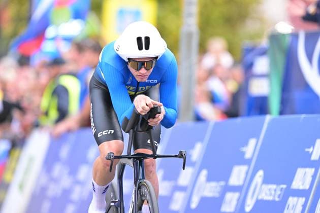 Sweden s Jakob Soderqvist crosses the finish line of the Men Elite Individual Time Trial race (22km) at the cycling UEC Road European Championships, in Ljubljana, Slovenia, on Wednesday 7 October 2026. The UEC Road European Championships are taking place from 02 to 07 October in Ljubljana, Slovenia. DAVIDxPINTENS  x189071201x