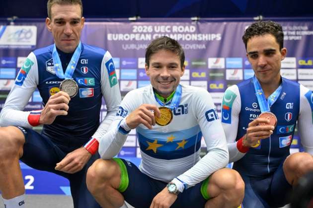 UEC 2026 Road European Championships Ljubljana 07 10 2026 SENCUR, SLOVENIA - OCTOBER 07 : silver medal Armirail Bruno (FRA), gold medal Roglic Primoz (SLO) and bronze medal Decomble Maxime (FRA) pictured during the podium ceremony of the Men Elite Individual Time Trial at the 2026 UEC Road European Championships. An UCI Continental Championships time trial cycling race with start and finish in Sencur on October 7, 2026 in Sencur, Slovenia, 07 10 2026 Sencur Slovenia  Copyright: xJanxDexMeuleneirx