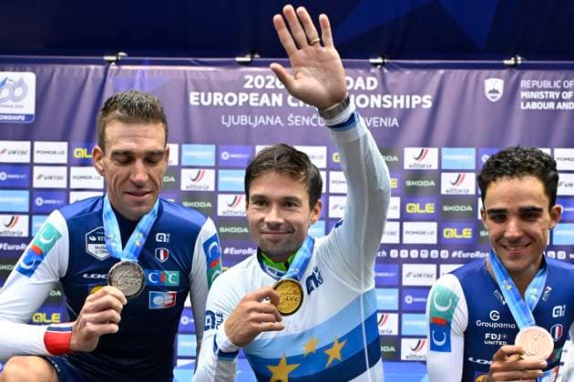 UEC 2026 Road European Championships Ljubljana 07 10 2026 SENCUR, SLOVENIA - OCTOBER 07 : silver medal Armirail Bruno (FRA), gold medal Roglic Primoz (SLO) and bronze medal Decomble Maxime (FRA) pictured during the podium ceremony of the Men Elite Individual Time Trial at the 2026 UEC Road European Championships. An UCI Continental Championships time trial cycling race with start and finish in Sencur on October 7, 2026 in Sencur, Slovenia, 07 10 2026 Sencur Slovenia  Copyright: xJanxDexMeuleneirx