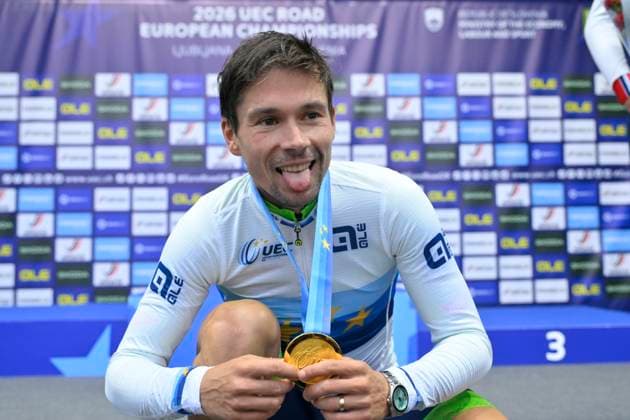 UEC 2026 Road European Championships Ljubljana 07 10 2026 SENCUR, SLOVENIA - OCTOBER 07 : gold medal Roglic Primoz (SLO) pictured during the podium ceremony of the Men Elite Individual Time Trial at the 2026 UEC Road European Championships. An UCI Continental Championships time trial cycling race with start and finish in Sencur on October 7, 2026 in Sencur, Slovenia, 07 10 2026 Sencur Slovenia  Copyright: xJanxDexMeuleneirx
