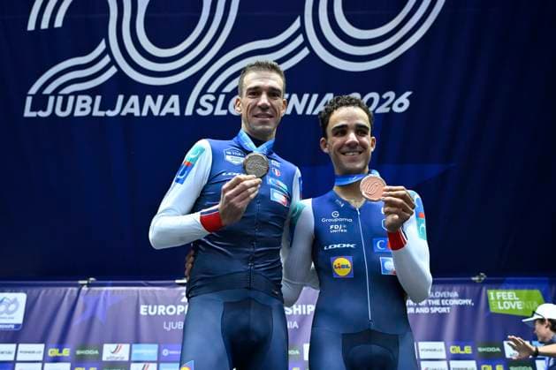 UEC 2026 Road European Championships Ljubljana 07 10 2026 SENCUR, SLOVENIA - OCTOBER 07 : silver medal Armirail Bruno (FRA) and bronze medal Decomble Maxime (FRA) pictured during the podium ceremony of the Men Elite Individual Time Trial at the 2026 UEC Road European Championships. An UCI Continental Championships time trial cycling race with start and finish in Sencur on October 7, 2026 in Sencur, Slovenia, 07 10 2026 Sencur Slovenia  Copyright: xJanxDexMeuleneirx