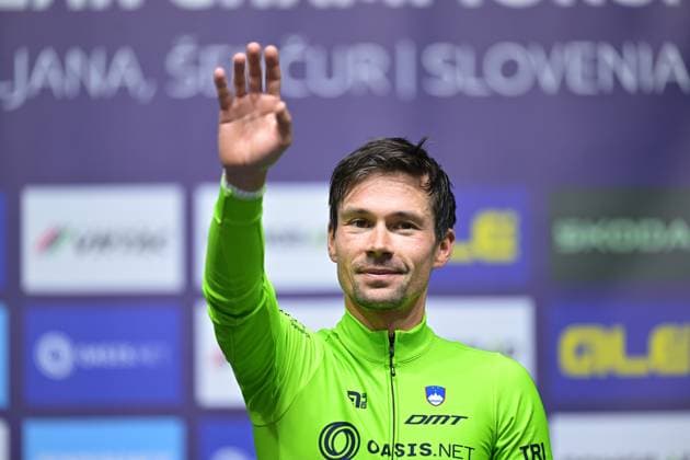 Slovenia s Primoz Roglic celebrates on the podium after winning the Men Elite Individual Time Trial race (22km) at the cycling UEC Road European Championships, in Ljubljana, Slovenia, on Wednesday 7 October 2026. The UEC Road European Championships are taking place from 02 to 07 October in Ljubljana, Slovenia. DAVIDxPINTENS  x189071243x