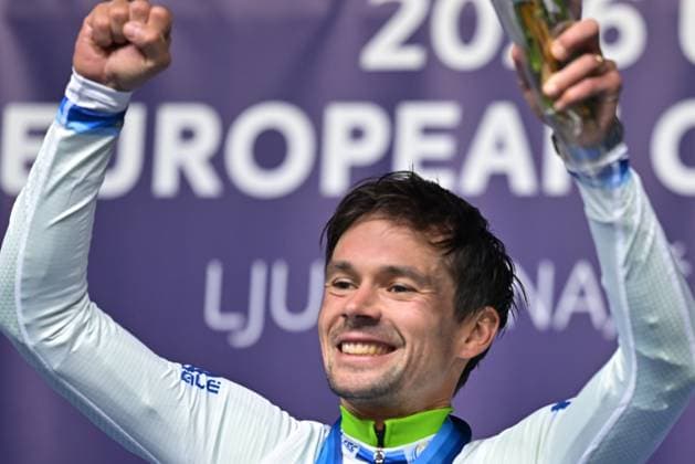 Slovenia s Primoz Roglic celebrates on the podium after winning the Men Elite Individual Time Trial race (22km) at the cycling UEC Road European Championships, in Ljubljana, Slovenia, on Wednesday 7 October 2026. The UEC Road European Championships are taking place from 02 to 07 October in Ljubljana, Slovenia. DAVIDxPINTENS  x189071245x