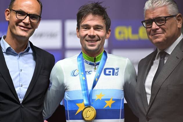 Slovenia s Primoz Roglic celebrates on the podium after winning the Men Elite Individual Time Trial race (22km) at the cycling UEC Road European Championships, in Ljubljana, Slovenia, on Wednesday 7 October 2026. The UEC Road European Championships are taking place from 02 to 07 October in Ljubljana, Slovenia. DAVIDxPINTENS  x189071265x