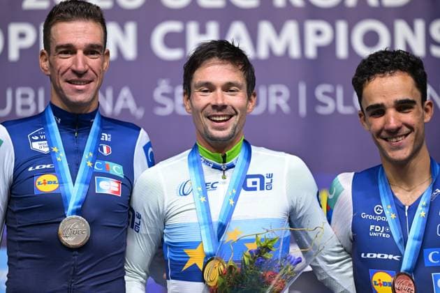 France s Bruno Armirail; Slovenia s Primoz Roglic and France s Maxime Decomble celebrate on the podium of the Men Elite Individual Time Trial race (22km) at the cycling UEC Road European Championships, in Ljubljana, Slovenia, on Wednesday 7 October 2026. The UEC Road European Championships are taking place from 02 to 07 October in Ljubljana, Slovenia. DAVIDxPINTENS  x189071360x