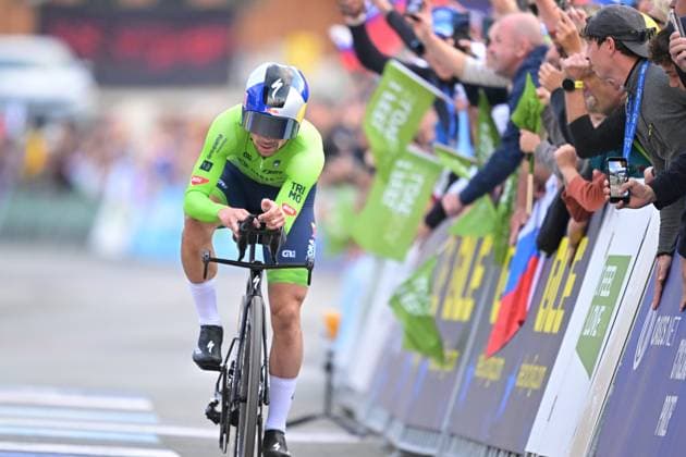 Slovenia s Primoz Roglic crosses the finish line to win the Men Elite Individual Time Trial race (22km) at the cycling UEC Road European Championships, in Ljubljana, Slovenia, on Wednesday 7 October 2026. The UEC Road European Championships are taking place from 02 to 07 October in Ljubljana, Slovenia. DAVIDxPINTENS  x189071127x