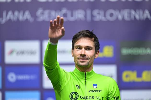 Slovenia s Primoz Roglic celebrates on the podium after winning the Men Elite Individual Time Trial race (22km) at the cycling UEC Road European Championships, in Ljubljana, Slovenia, on Wednesday 7 October 2026. The UEC Road European Championships are taking place from 02 to 07 October in Ljubljana, Slovenia. DAVIDxPINTENS  x189071697x