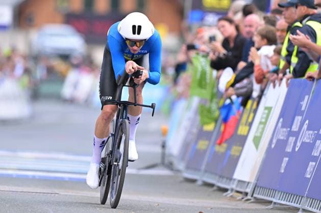 Sweden s Jakob Soderqvist crosses the finish line of the Men Elite Individual Time Trial race (22km) at the cycling UEC Road European Championships, in Ljubljana, Slovenia, on Wednesday 7 October 2026. The UEC Road European Championships are taking place from 02 to 07 October in Ljubljana, Slovenia. DAVIDxPINTENS  x189071850x