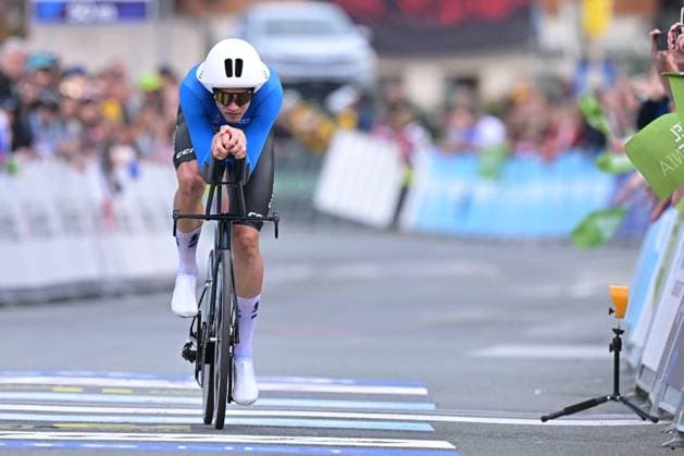 Sweden s Jakob Soderqvist crosses the finish line of the Men Elite Individual Time Trial race (22km) at the cycling UEC Road European Championships, in Ljubljana, Slovenia, on Wednesday 7 October 2026. The UEC Road European Championships are taking place from 02 to 07 October in Ljubljana, Slovenia. DAVIDxPINTENS  x189071936x