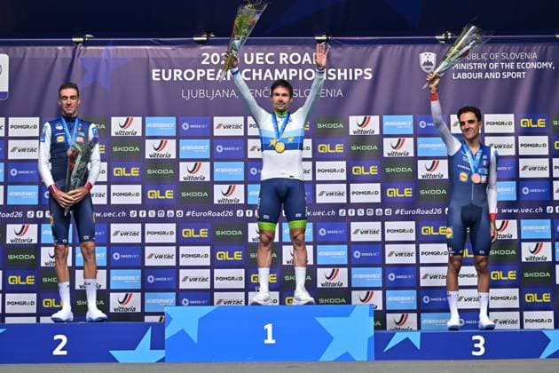 France s Bruno Armirail; Slovenia s Primoz Roglic and France s Maxime Decomble celebrate on the podium of the Men Elite Individual Time Trial race (22km) at the cycling UEC Road European Championships, in Ljubljana, Slovenia, on Wednesday 7 October 2026. The UEC Road European Championships are taking place from 02 to 07 October in Ljubljana, Slovenia. DAVIDxPINTENS  x189072017x