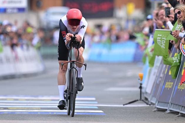 Switzerland s Stefan Kung crosses the finish line of the Men Elite Individual Time Trial race (22km) at the cycling UEC Road European Championships, in Ljubljana, Slovenia, on Wednesday 7 October 2026. The UEC Road European Championships are taking place from 02 to 07 October in Ljubljana, Slovenia. DAVIDxPINTENS  x189072063x