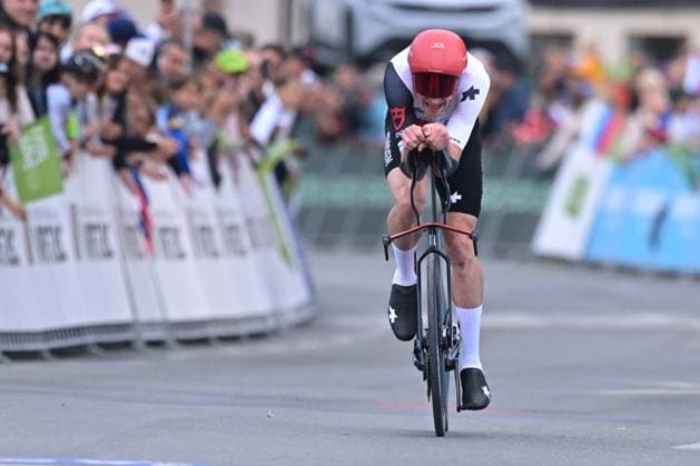 Switzerland s Stefan Kung crosses the finish line of the Men Elite Individual Time Trial race (22km) at the cycling UEC Road European Championships, in Ljubljana, Slovenia, on Wednesday 7 October 2026. The UEC Road European Championships are taking place from 02 to 07 October in Ljubljana, Slovenia. DAVIDxPINTENS  x189072073x