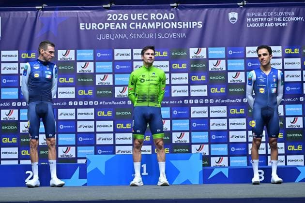 France s Bruno Armirail; Slovenia s Primoz Roglic and France s Maxime Decomble celebrate on the podium of the Men Elite Individual Time Trial race (22km) at the cycling UEC Road European Championships, in Ljubljana, Slovenia, on Wednesday 7 October 2026. The UEC Road European Championships are taking place from 02 to 07 October in Ljubljana, Slovenia. DAVIDxPINTENS  x189072330x