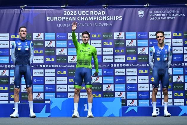 France s Bruno Armirail; Slovenia s Primoz Roglic and France s Maxime Decomble celebrate on the podium of the Men Elite Individual Time Trial race (22km) at the cycling UEC Road European Championships, in Ljubljana, Slovenia, on Wednesday 7 October 2026. The UEC Road European Championships are taking place from 02 to 07 October in Ljubljana, Slovenia. DAVIDxPINTENS  x189072342x