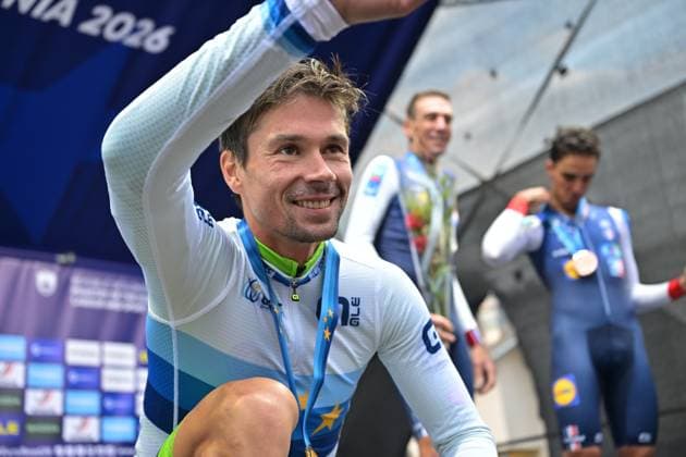 Slovenia s Primoz Roglic celebrates on the podium after winning the Men Elite Individual Time Trial race (22km) at the cycling UEC Road European Championships, in Ljubljana, Slovenia, on Wednesday 7 October 2026. The UEC Road European Championships are taking place from 02 to 07 October in Ljubljana, Slovenia. DAVIDxPINTENS  x189074702x