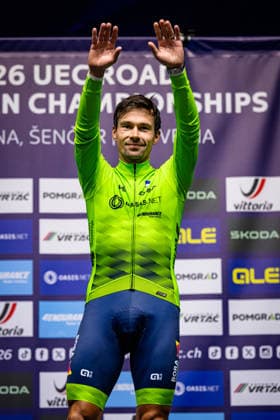 ROGLIÄa PrimoÅ¾ - ROGLIC Primoz: UEC Road cycling, Rad, Radsport, Strasse European Championships - Ljubljana 2026 ROGLIÄa PrimoÅ¾ - ROGLIC Primoz ( SLO ) Slovenia Winner - First Place - Award Ceremony Medal Ceremony Podium - Hochformat hoch vertikal Portrait - Event Veranstaltung: UEC Road Cycling European Championships 2026 Ljubljana - Category Kategorie: Cycling - Road Cycling European Championships - Individual Time Trail Elite Men - Location Ort: Europe Slovenia - Sencur - Å enÄur - Discipline: Individual Time Trail ( ITT ) - Distance: 22 km - Date Datum: 07.10.2026 Wednesday Day 5 -