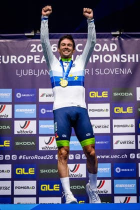 ROGLIÄa PrimoÅ¾ - ROGLIC Primoz: UEC Road cycling, Rad, Radsport, Strasse European Championships - Ljubljana 2026 ROGLIÄa PrimoÅ¾ - ROGLIC Primoz ( SLO ) Slovenia Winner - First Place - Award Ceremony Medal Ceremony Podium - Hochformat hoch vertikal Portrait - Event Veranstaltung: UEC Road Cycling European Championships 2026 Ljubljana - Category Kategorie: Cycling - Road Cycling European Championships - Individual Time Trail Elite Men - Location Ort: Europe Slovenia - Sencur - Å enÄur - Discipline: Individual Time Trail ( ITT ) - Distance: 22 km - Date Datum: 07.10.2026 Wednesday Day 5 -