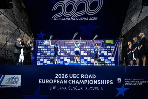ARMIRAIL Bruno, ROGLIÄa PrimoÅ¾ - ROGLIC Primoz, DECOMBLE Maxime: UEC Road cycling, Rad, Radsport, Strasse European Championships - Ljubljana 2026 ARMIRAIL Bruno ( FRA ) - France - Second Place - ROGLIÄa PrimoÅ¾ - ROGLIC Primoz ( SLO ) Slovenia Winner - First Place DECOMBLE Maxime ( FRA ) - France - Third Place - Award Ceremony Medal Ceremony Podium - Querformat - quer - horizontal - Landscape - Event Veranstaltung: UEC Road Cycling European Championships 2026 Ljubljana - Category Kategorie: Cycling - Road Cycling European Championships - Individual Time Trail Elite Men - Location Ort: Europe Slovenia - Sencur - Å enÄur - Discipline: Individual Time Trail ( ITT ) - Distance: 22 km - Date Datum: 07.10.2026 Wednesday Day 5 -