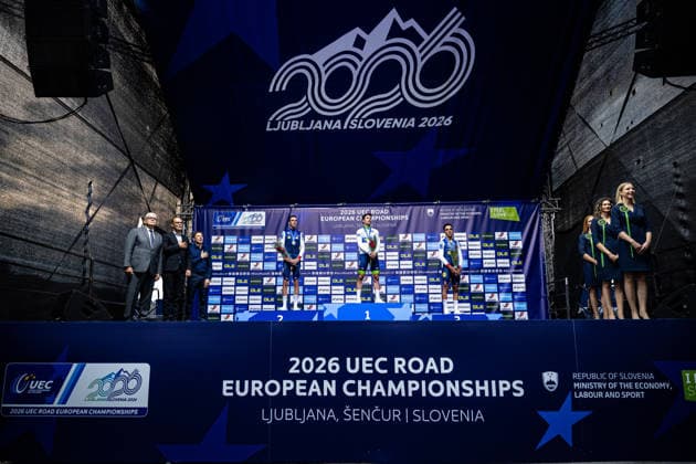 ARMIRAIL Bruno, ROGLIÄa PrimoÅ¾ - ROGLIC Primoz, DECOMBLE Maxime: UEC Road cycling, Rad, Radsport, Strasse European Championships - Ljubljana 2026 ARMIRAIL Bruno ( FRA ) - France - Second Place - ROGLIÄa PrimoÅ¾ - ROGLIC Primoz ( SLO ) Slovenia Winner - First Place DECOMBLE Maxime ( FRA ) - France - Third Place - Award Ceremony Medal Ceremony Podium - Querformat - quer - horizontal - Landscape - Event Veranstaltung: UEC Road Cycling European Championships 2026 Ljubljana - Category Kategorie: Cycling - Road Cycling European Championships - Individual Time Trail Elite Men - Location Ort: Europe Slovenia - Sencur - Å enÄur - Discipline: Individual Time Trail ( ITT ) - Distance: 22 km - Date Datum: 07.10.2026 Wednesday Day 5 -