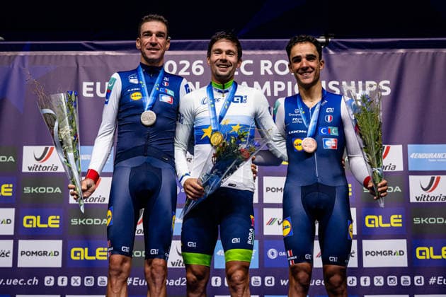ARMIRAIL Bruno, ROGLIÄa PrimoÅ¾ - ROGLIC Primoz, DECOMBLE Maxime: UEC Road cycling, Rad, Radsport, Strasse European Championships - Ljubljana 2026 ARMIRAIL Bruno ( FRA ) - France - Second Place - ROGLIÄa PrimoÅ¾ - ROGLIC Primoz ( SLO ) Slovenia Winner - First Place DECOMBLE Maxime ( FRA ) - France - Third Place - Award Ceremony Medal Ceremony Podium - Querformat - quer - horizontal - Landscape - Event Veranstaltung: UEC Road Cycling European Championships 2026 Ljubljana - Category Kategorie: Cycling - Road Cycling European Championships - Individual Time Trail Elite Men - Location Ort: Europe Slovenia - Sencur - Å enÄur - Discipline: Individual Time Trail ( ITT ) - Distance: 22 km - Date Datum: 07.10.2026 Wednesday Day 5 -