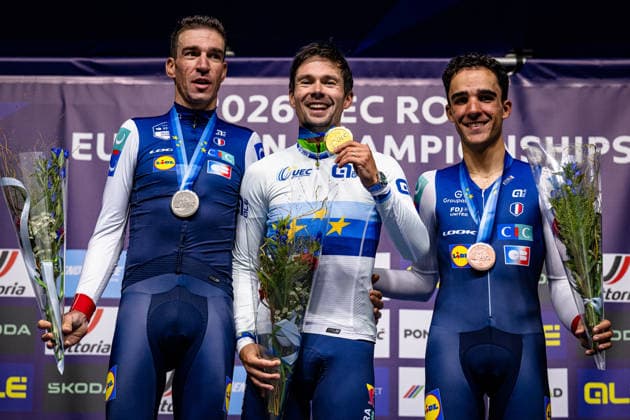 ARMIRAIL Bruno, ROGLIÄa PrimoÅ¾ - ROGLIC Primoz, DECOMBLE Maxime: UEC Road cycling, Rad, Radsport, Strasse European Championships - Ljubljana 2026 ARMIRAIL Bruno ( FRA ) - France - Second Place - ROGLIÄa PrimoÅ¾ - ROGLIC Primoz ( SLO ) Slovenia Winner - First Place DECOMBLE Maxime ( FRA ) - France - Third Place - Award Ceremony Medal Ceremony Podium - Querformat - quer - horizontal - Landscape - Event Veranstaltung: UEC Road Cycling European Championships 2026 Ljubljana - Category Kategorie: Cycling - Road Cycling European Championships - Individual Time Trail Elite Men - Location Ort: Europe Slovenia - Sencur - Å enÄur - Discipline: Individual Time Trail ( ITT ) - Distance: 22 km - Date Datum: 07.10.2026 Wednesday Day 5 -