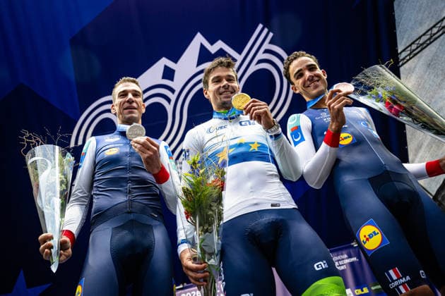 ARMIRAIL Bruno, ROGLIÄa PrimoÅ¾ - ROGLIC Primoz, DECOMBLE Maxime: UEC Road cycling, Rad, Radsport, Strasse European Championships - Ljubljana 2026 ARMIRAIL Bruno ( FRA ) - France - Second Place - ROGLIÄa PrimoÅ¾ - ROGLIC Primoz ( SLO ) Slovenia Winner - First Place DECOMBLE Maxime ( FRA ) - France - Third Place - Award Ceremony Medal Ceremony Podium - Querformat - quer - horizontal - Landscape - Event Veranstaltung: UEC Road Cycling European Championships 2026 Ljubljana - Category Kategorie: Cycling - Road Cycling European Championships - Individual Time Trail Elite Men - Location Ort: Europe Slovenia - Sencur - Å enÄur - Discipline: Individual Time Trail ( ITT ) - Distance: 22 km - Date Datum: 07.10.2026 Wednesday Day 5 -