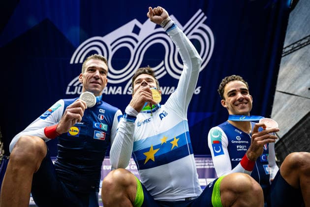 ARMIRAIL Bruno, ROGLIÄa PrimoÅ¾ - ROGLIC Primoz, DECOMBLE Maxime: UEC Road cycling, Rad, Radsport, Strasse European Championships - Ljubljana 2026 ARMIRAIL Bruno ( FRA ) - France - Second Place - ROGLIÄa PrimoÅ¾ - ROGLIC Primoz ( SLO ) Slovenia Winner - First Place DECOMBLE Maxime ( FRA ) - France - Third Place - Award Ceremony Medal Ceremony Podium - Querformat - quer - horizontal - Landscape - Event Veranstaltung: UEC Road Cycling European Championships 2026 Ljubljana - Category Kategorie: Cycling - Road Cycling European Championships - Individual Time Trail Elite Men - Location Ort: Europe Slovenia - Sencur - Å enÄur - Discipline: Individual Time Trail ( ITT ) - Distance: 22 km - Date Datum: 07.10.2026 Wednesday Day 5 -