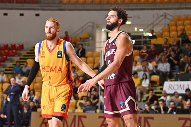 BASKETBALL - EuroCup - Roma Basketball vs. Lietkabelis Panevezys Photo by IPA ABACAPRESS.COM89407424 - Niccolo Mannion of BC Roma (L) and Alexander Schumacher of Lietkabelis Panevezys during the BKT EuroCup Round 2 game between BC Roma and Lietkabelis at the Palazzetto dello on July 7, 2026, in Rome, Italy. Rome Italy  Copyright: xIPAxSport ABACAx
