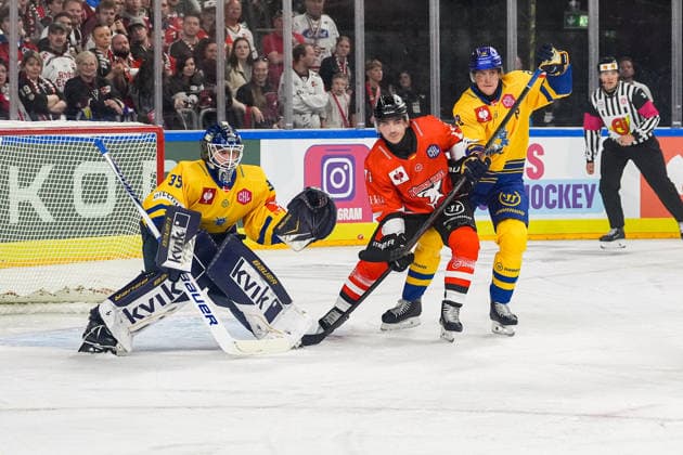 Eishockey CHL 5. Spieltag Kölner Haie - Herning Blue Fox am 07.10.2026 in der Lanxess Arena in Köln Jänis Fecers ( Herning ), links - Daniel Fischbuch ( Köln ), mitte - Emil Lojborg Kristensen ( Herning ), rechts