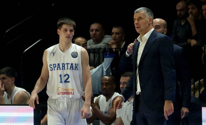 07.10.2026 Subotica(Serbia) KK Spartak Subotica-SC Rasta Vechta men s Basketball Champions Leaugue Marko Tofoski(L),Vladimir Jovanovic(D R) Spartak coach :
