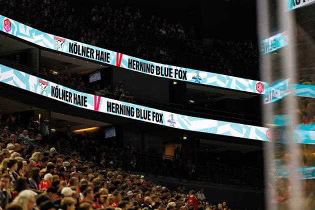 COLOGNE, GERMANY - 7 OCTOBER 2026: Image shows bill board in LANXESS arena with Kölner Haie vs Herning Blue Fox during Champions Hockey League 2026 27 League Phase, Matchday 5: Kölner Haie vs Herning Blue Fox at LANXESS arena on 7 10 2026 in Cologne, Germany. Germany Copyright: xFröhlichxPascalx