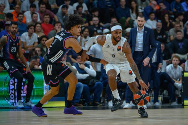 EuroLeague 2026, Paris Basketball vs LDLC ASVEL Villeurbanne, Basketball Nadir Hifi of Paris Basket and PATTY MILLS of ASVEL during the EuroLeague 2026 match between Paris Basketball and LDLC ASVEL Villeurbanne at Adidas Arena on October 07, 2026 in Paris, France. Paris Adidas Arena France