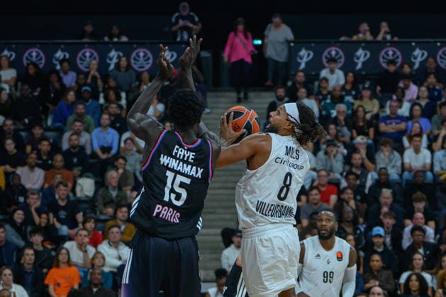 EuroLeague 2026, Paris Basketball vs LDLC ASVEL Villeurbanne, Basketball Mouhamed Faye of Paris Basket and PATTY MILLS of ASVEL during the EuroLeague 2026 match between Paris Basketball and LDLC ASVEL Villeurbanne at Adidas Arena on October 07, 2026 in Paris, France. Paris Adidas Arena France