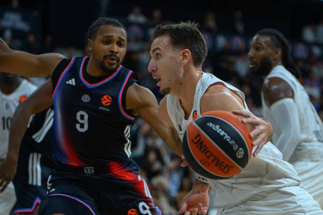 EuroLeague 2026, Paris Basketball vs LDLC ASVEL Villeurbanne, Basketball Tyson Etienne of Paris Basket and HUGO BESSON of ASVEL during the EuroLeague 2026 match between Paris Basketball and LDLC ASVEL Villeurbanne at Adidas Arena on October 07, 2026 in Paris, France. Paris Adidas Arena France