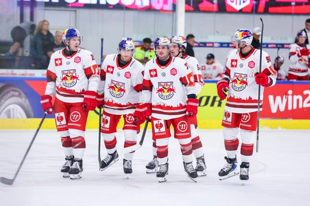Ice hockey, Eishockey - CHL, EC RBS vs Berlin SALZBURG,AUSTRIA,07.OCT.26 - ICE HOCKEY - CHL, Champions Hockey League, group stage, EC Red Bull Salzburg vs Eisbaeren Berlin. Image shows Dennis Eamon Robertson, Adrian Christian Gesson, Adam Brooks Nicholas Poisson and Mario Huber (EC RBS).  GEPAxpictures xDavidxGeieregger