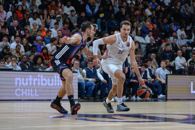 EuroLeague 2026, Paris Basketball vs LDLC ASVEL Villeurbanne, Basketball Terry Tarpey of Paris Basket and HUGO BESSON of ASVEL during the EuroLeague 2026 match between Paris Basketball and LDLC ASVEL Villeurbanne at Adidas Arena on October 07, 2026 in Paris, France. Paris Adidas Arena France